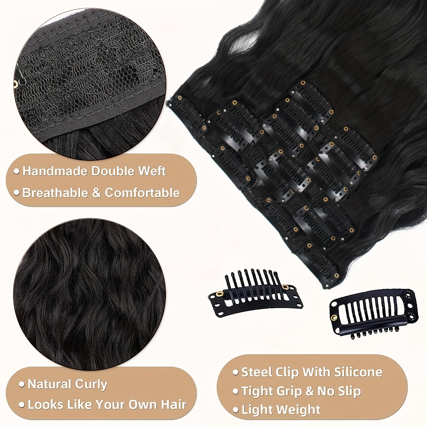 16 Thick Black Hair Clips for Synthetic Curls, Completely Soft And Invisible Fiber Hair Extensions, 24 Inches Long.